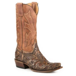 Stetson Men's Wicks Hand Tooled Leather Snip Toe Boots W/Overlay - Brown