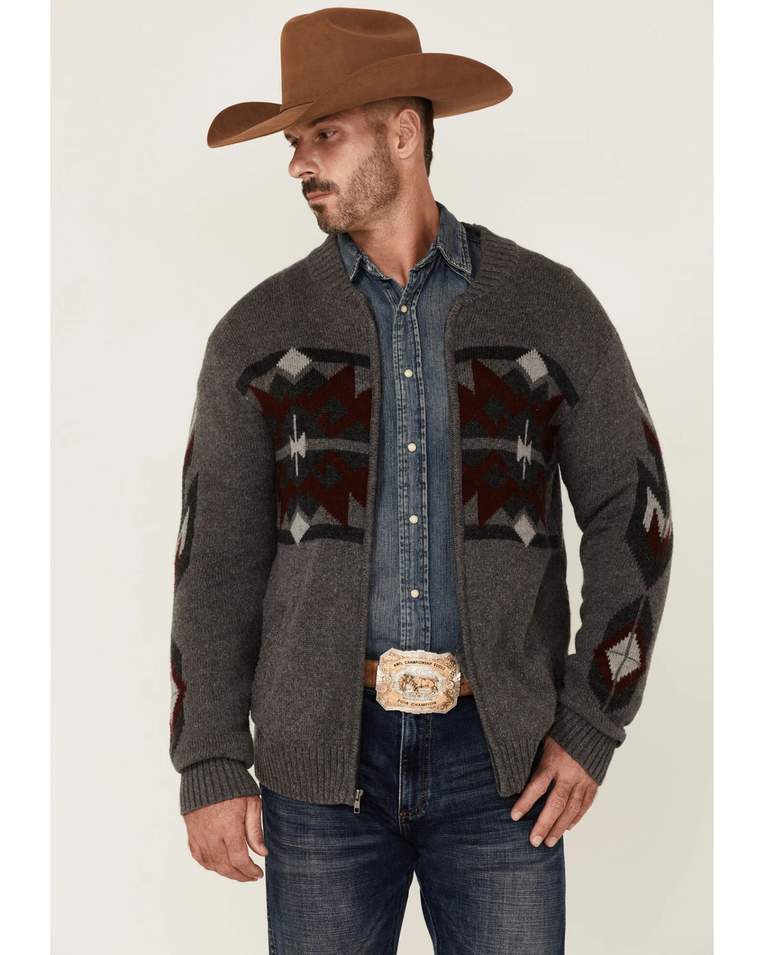 Stetson Men's Gray Southwestern Print Heather Knit Zip-Front Wool Sweater - Image 2