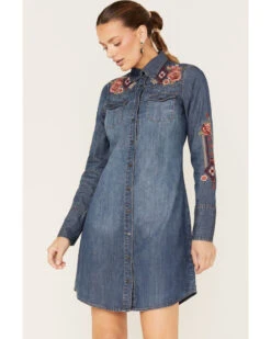 Stetson Women's Floral Embroidered Medium Wash Denim Long Sleeve Dress